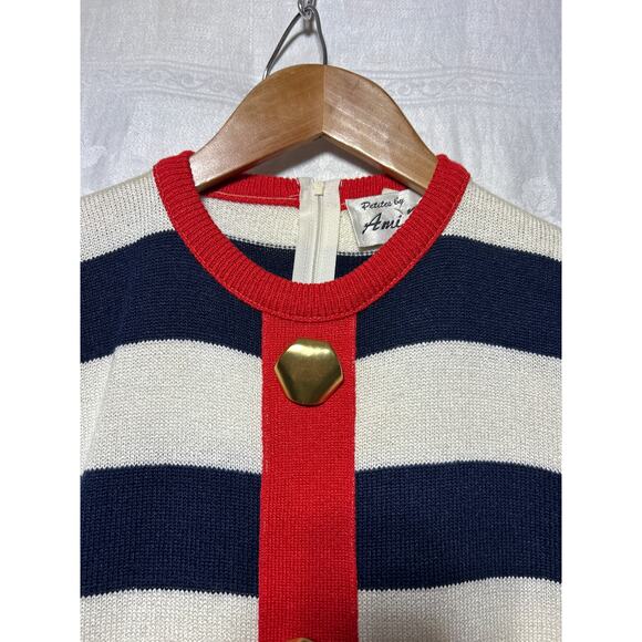Ami Knits VTG Sweater 8 PETITE Navy White Stripes Short Slv Red Gold Buttons USA - Picture 5 of 10